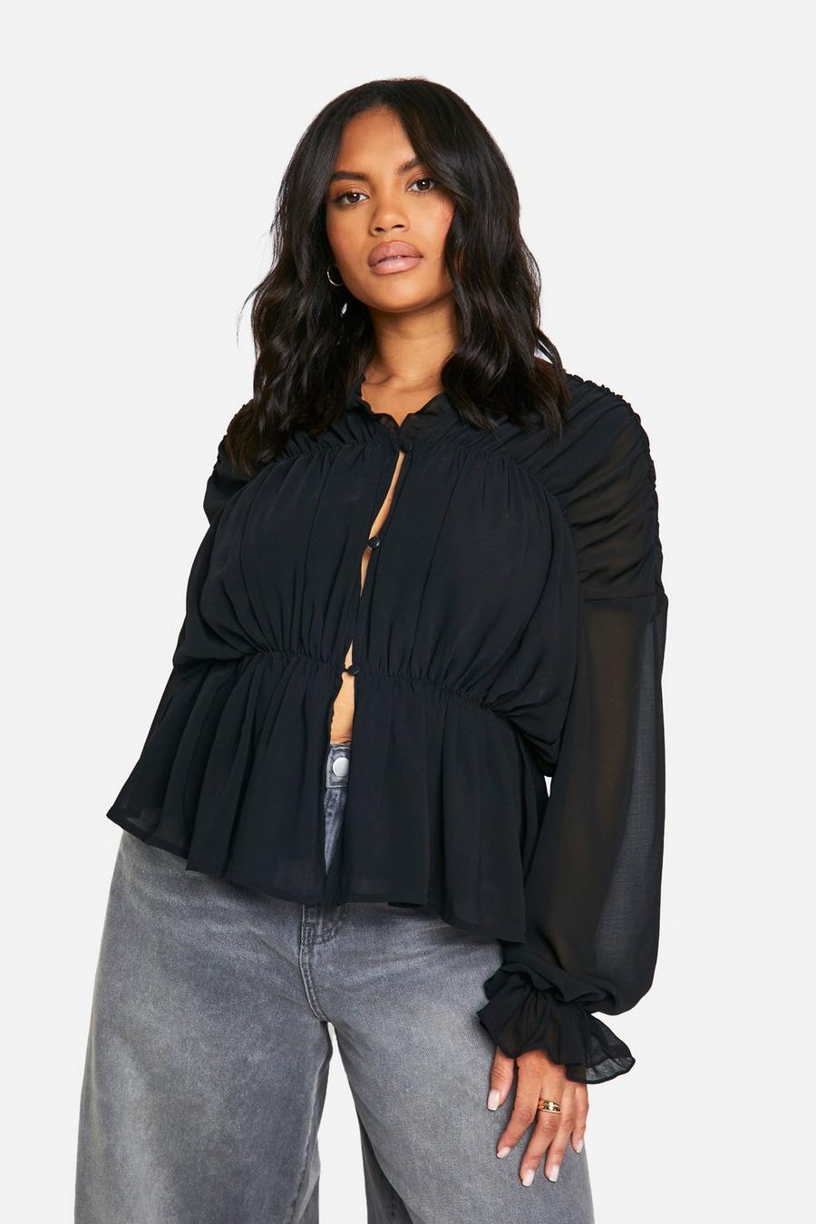 Black Plus Textured Ruffle Tiered Blouse