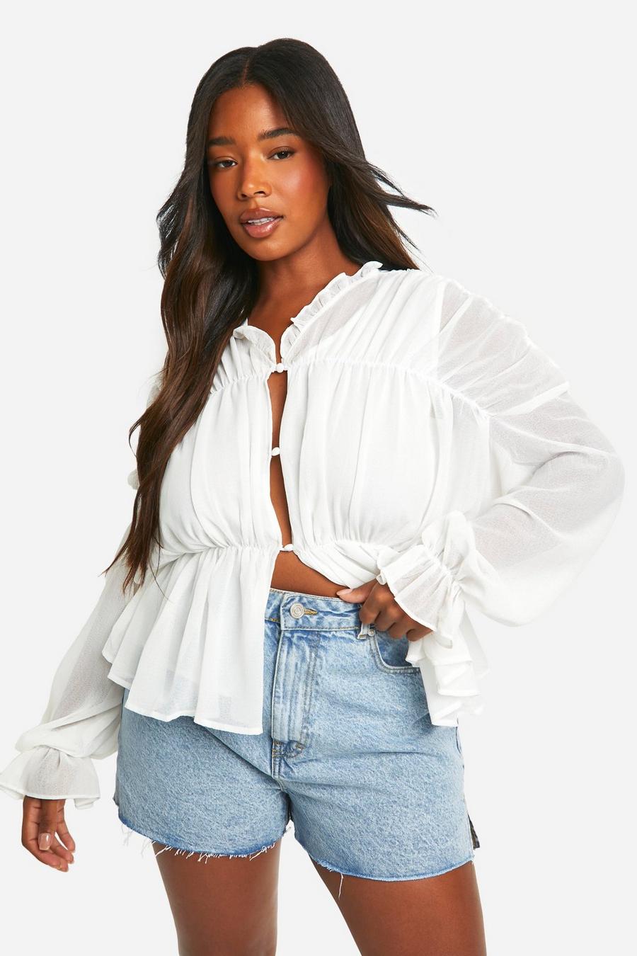 White Plus Textured Ruffle Tiered Blouse
