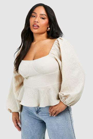 Plus Textured Seam Detail Peplum Top stone