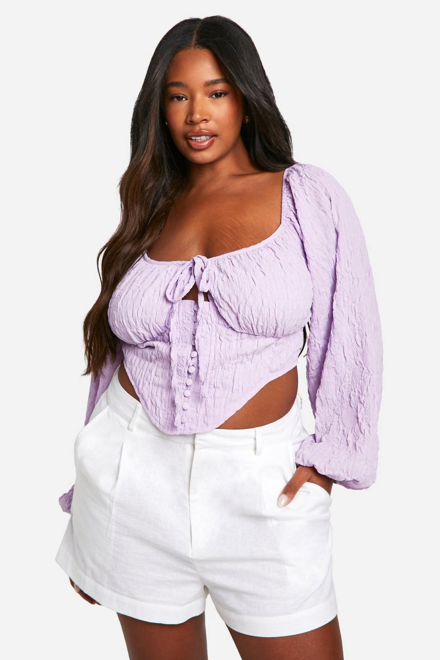 Lilac Plus Textured Tie Front Puff Sleeve Corset Top image number 1
