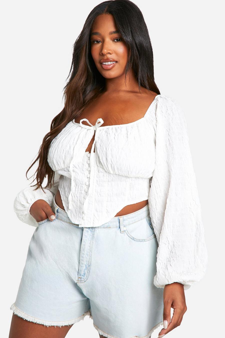 White Plus Textured Tie Front Puff Sleeve Corset Top