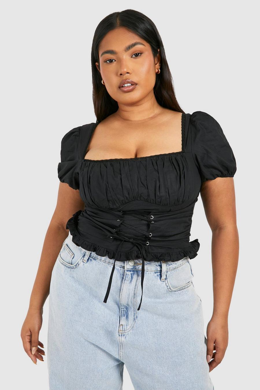 Black Plus Lace Trim Puff Sleeve Corset Top  image number 1