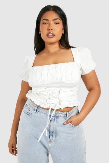 White Plus Lace Trim Puff Sleeve Corset Top