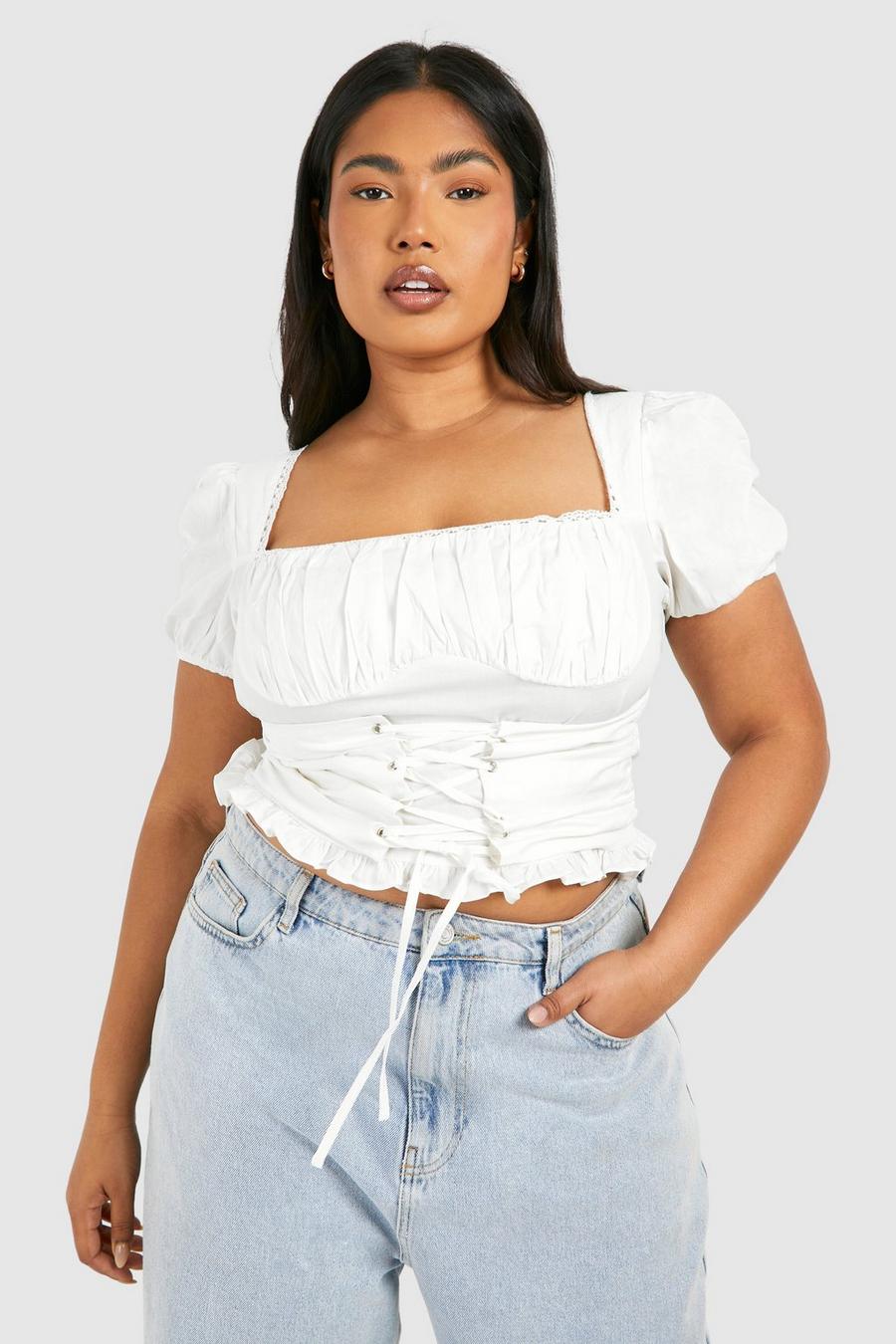 White Plus Lace Trim Puff Sleeve Corset Top  image number 1