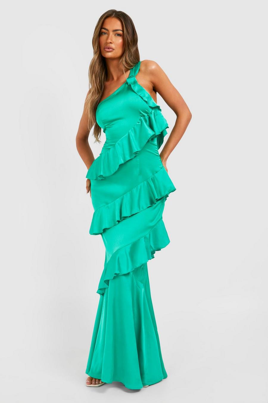 Bright green One Shoulder Ruffle Maxi Dress image number 1