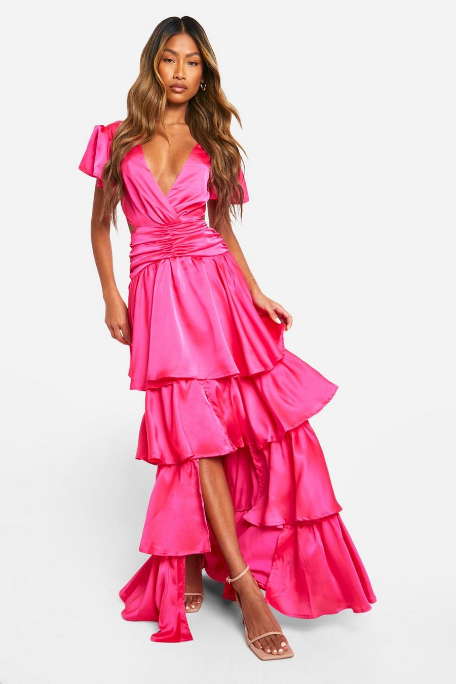 Vestito maxi con arricciature, balze e cut-out, Hot pink