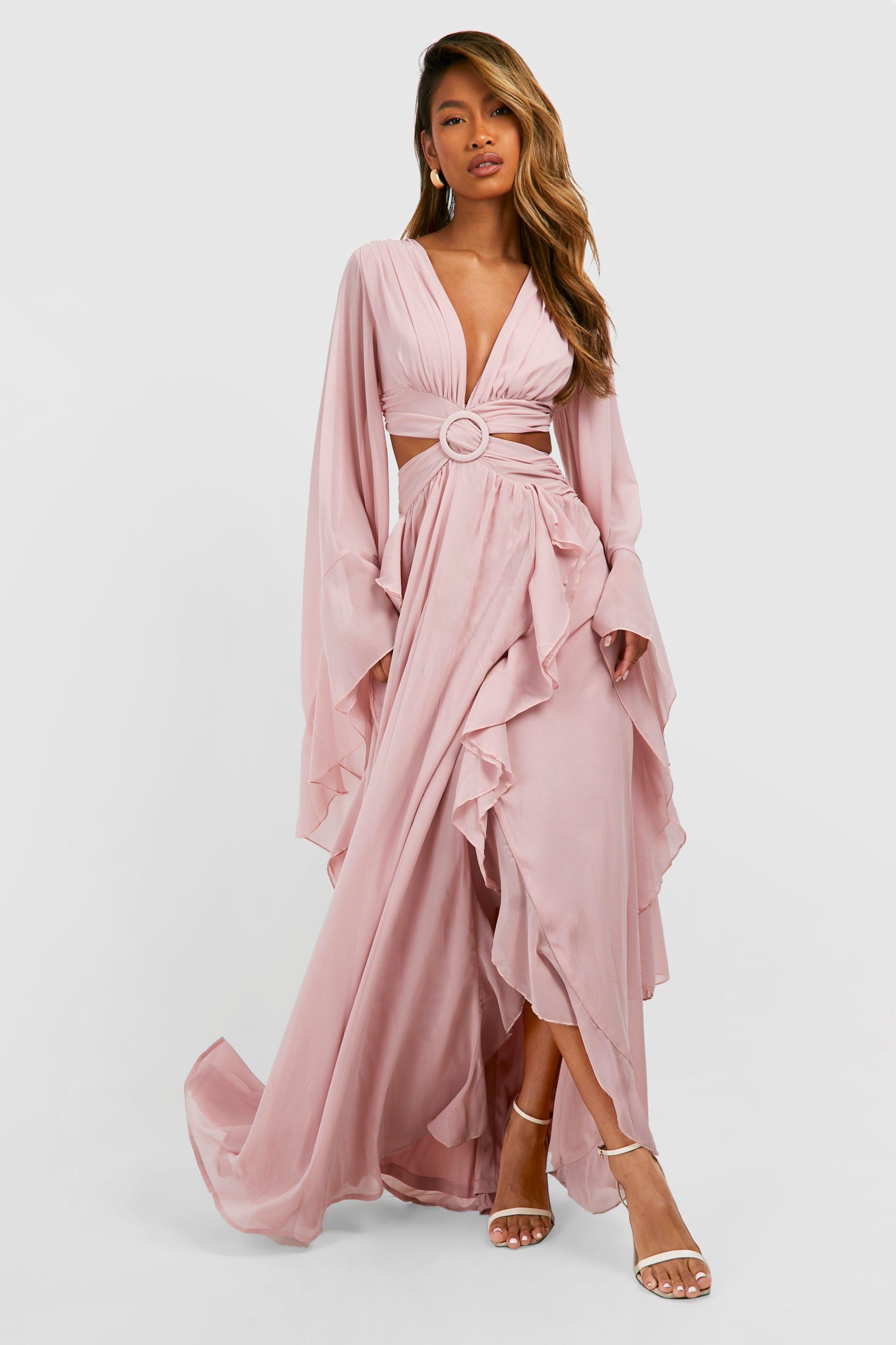 Boohoo Women s Chiffon Flare Sleeve Cut Out Maxi Dress Pink