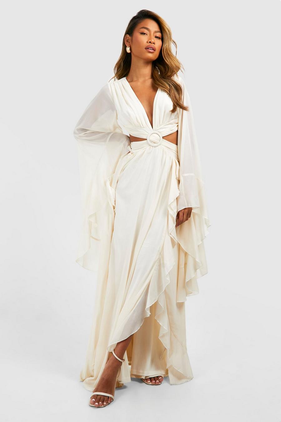 Champagne Chiffon Flare Sleeve Cut Out Maxi Dress image number 1