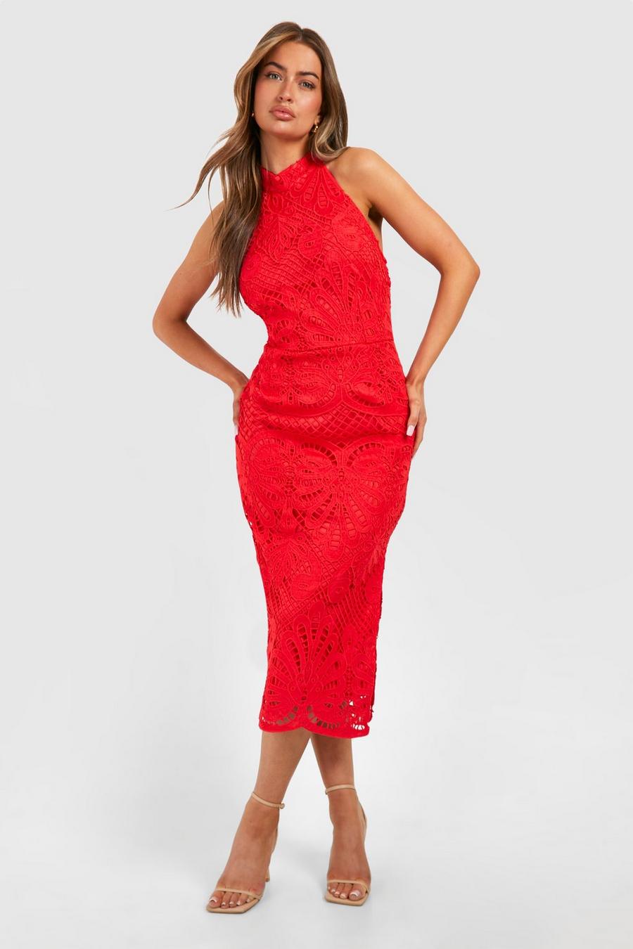 Red Premium Crochet Lace High Neck Midi Dess image number 1