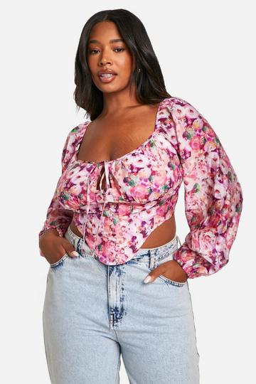 Pink Plus Floral Tie Front Corset Top