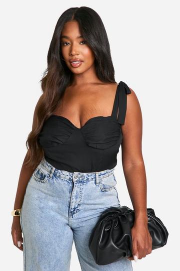 Black Plus Tie Shoulder Ruched Bodysuit