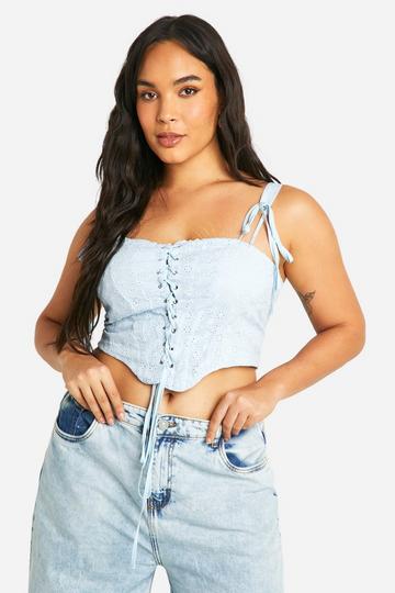 Plus Brodier Lace Up Corset Top baby blue