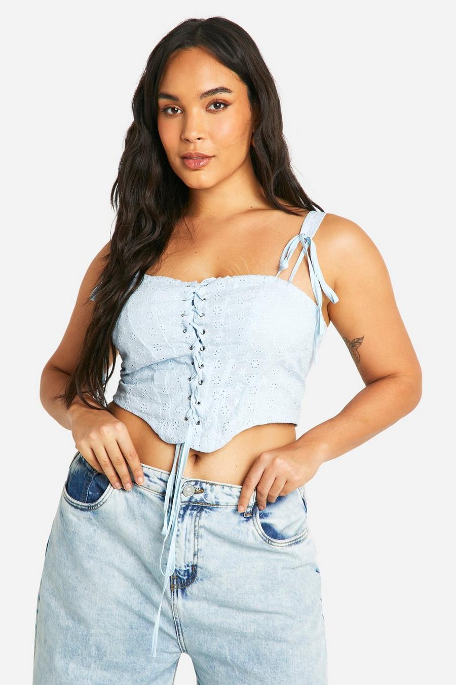 Baby blue Plus Brodier Lace Up Corset Top image number 1