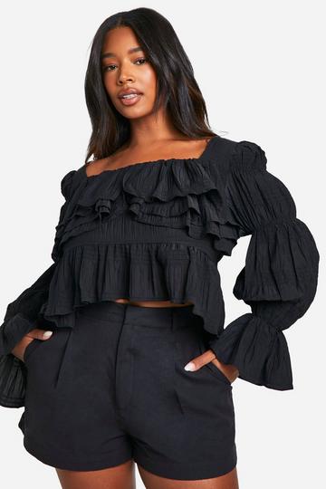 Plus Peplum Top Met Textuur En Ruches black