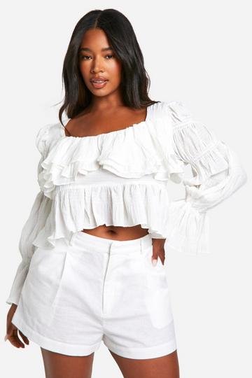 White Plus Textured Ruffle Peplum Top