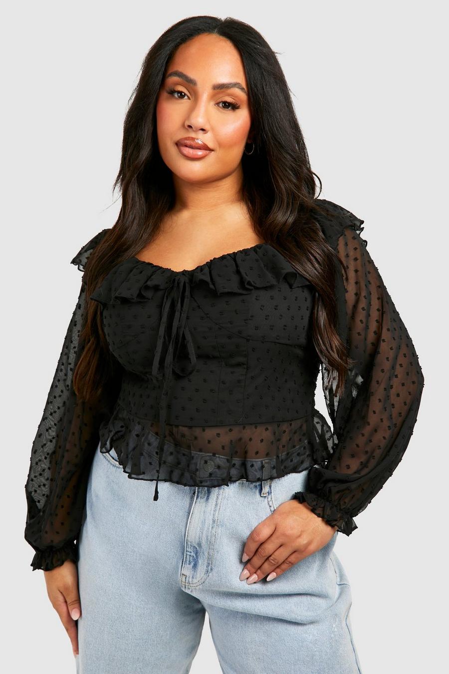 Black Plus Ruffle Off The Shoulder Dobby Peplum Top image number 1