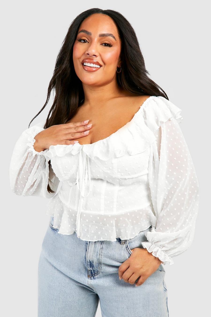 theRebelinme Plus Size Women's White Solid Color Smocked Sheer Peplum Top