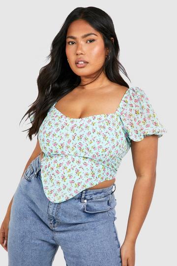 Plus Bloemenpatroon Korset Top blue