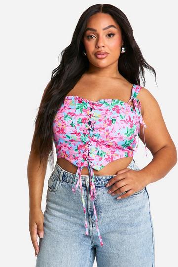 Plus Floral Lace Up Corset Top blue