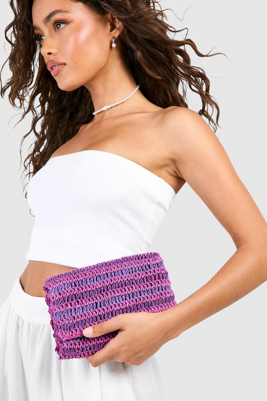 Purple Stripe Straw Clutch Bag