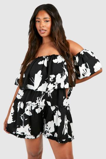 Plus Woven Floral Print Off The Shoulder Ruffle Romper black