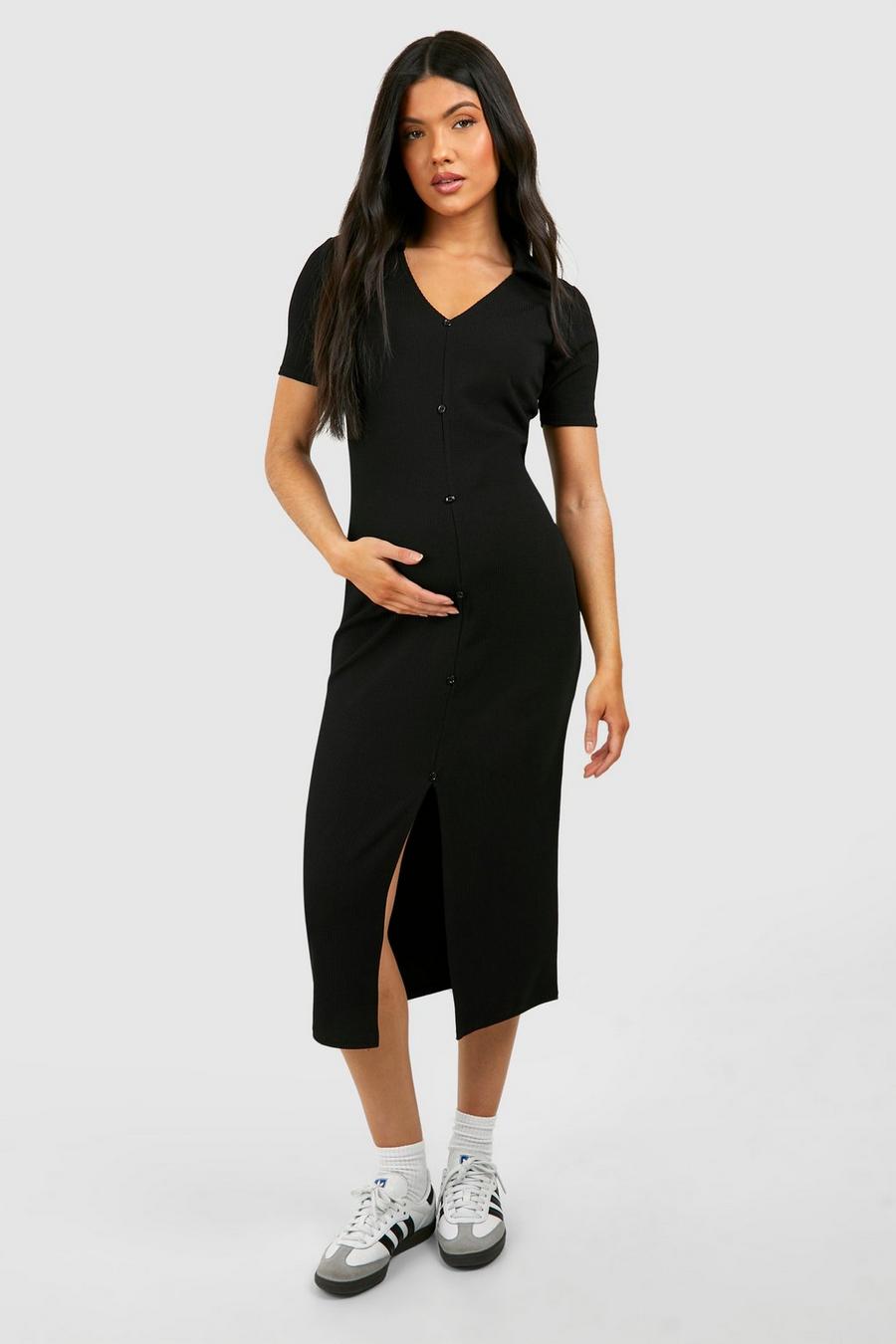 Black Maternity Textured Rib Collard Button Down Midi Dress image number 1
