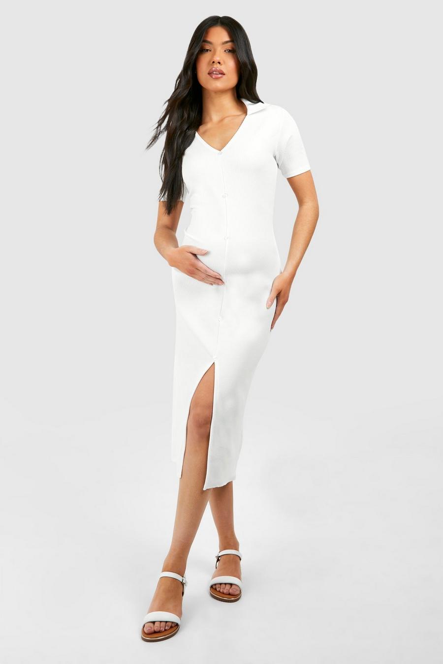 Cream Maternity Textured Rib Collard Button Down Midi Dress image number 1