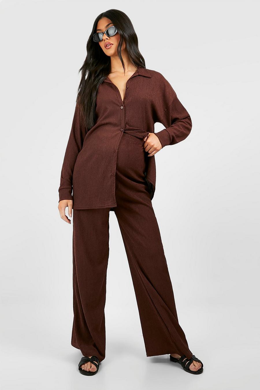 Chocolate brown Maternity Wide Leg Textured Trouser