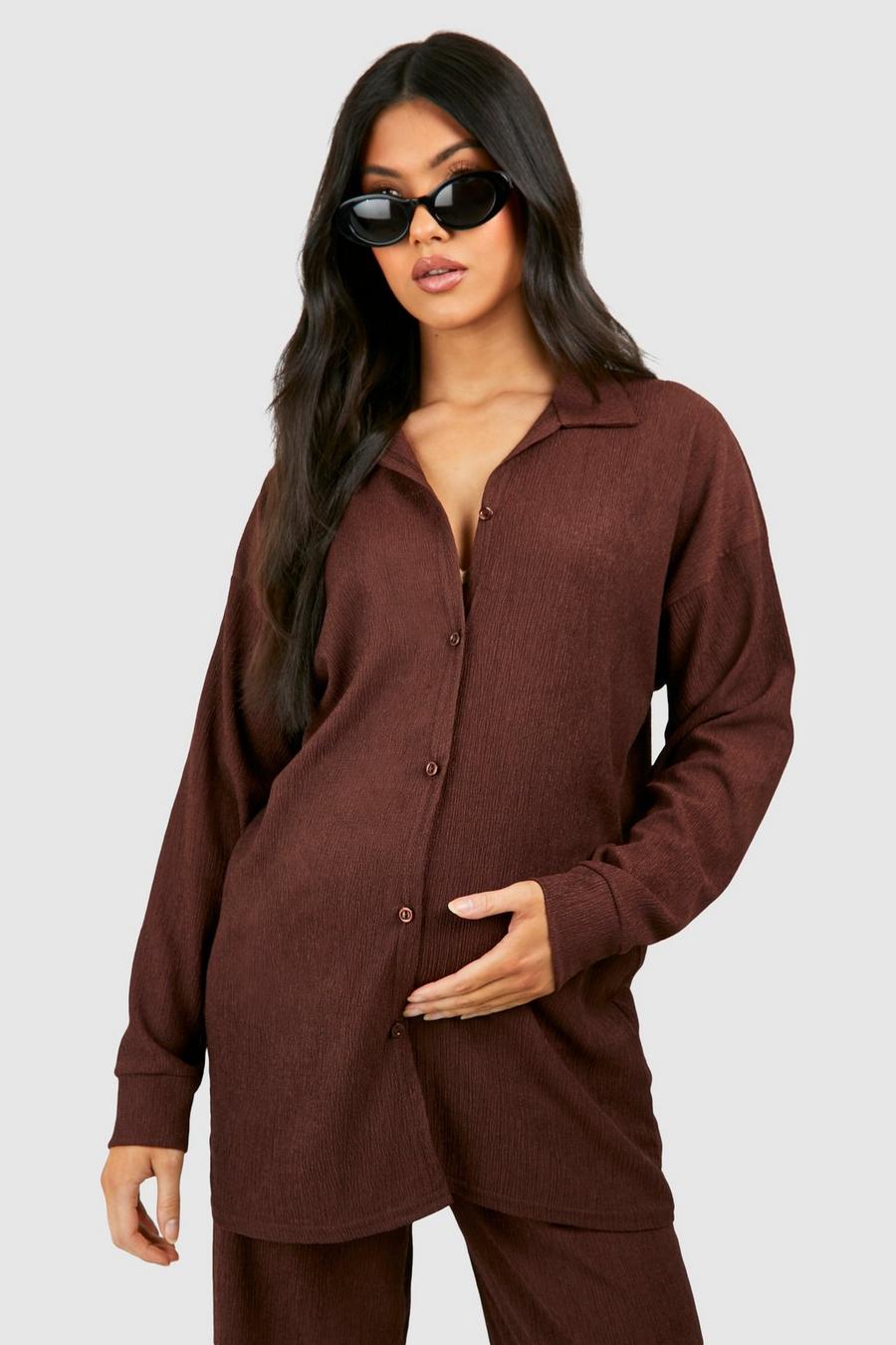 Chocolate Maternity Button Down Oversized Textured Shirt image number 1