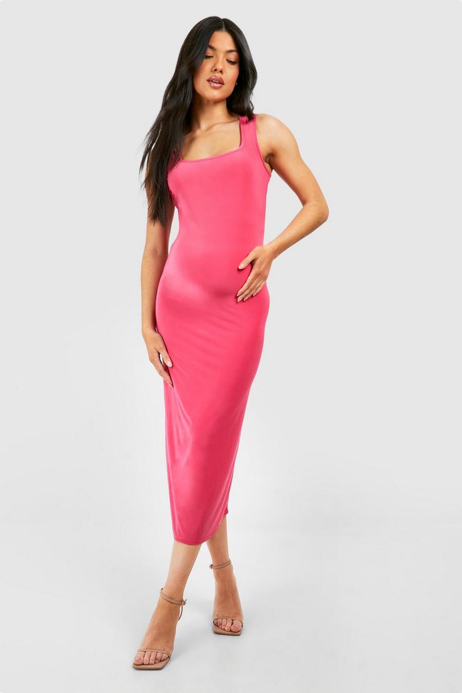 Dark pink Maternity Sleeveless Square Neck Slinky Midi Dress