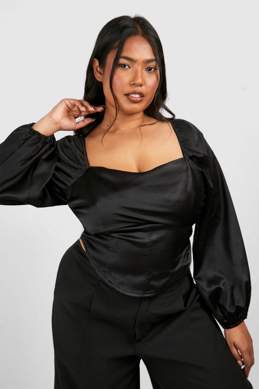 Top a corsetto Plus Size in raso drappeggiato davanti, Black image number 1