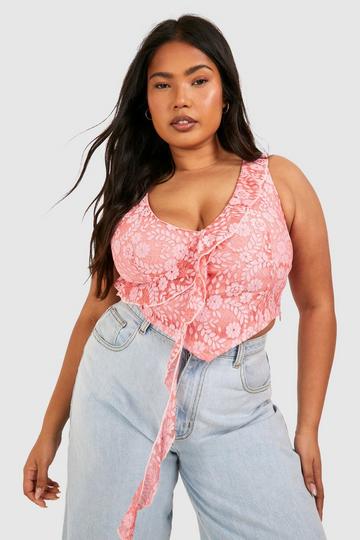 Plus Ruffle Front Lace Corset Top pink