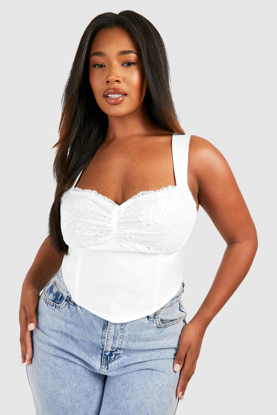 White Plus Lace Tie Front Corset Top image number 1