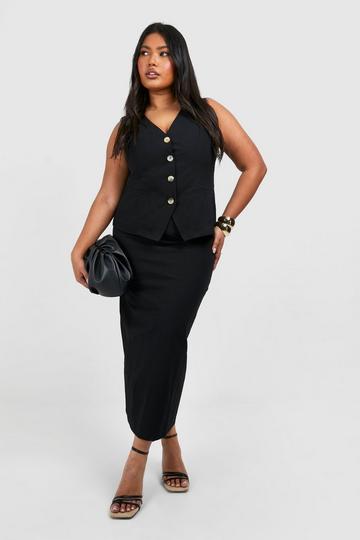 Black Plus Linen Midi Skirt