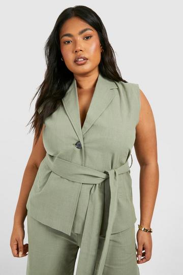 Khaki Plus Linen Look Sleeveless Tie Waist Blazer