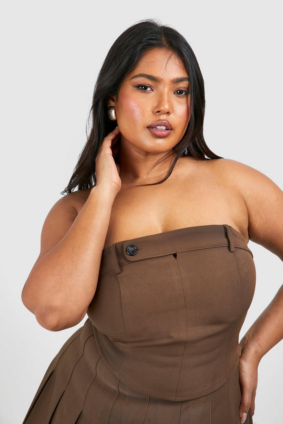 Taupe Plus Button Detail Tailored Corset Top
