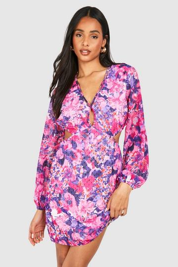 Purple Tall Floral Printed Chiffon Mini Dress