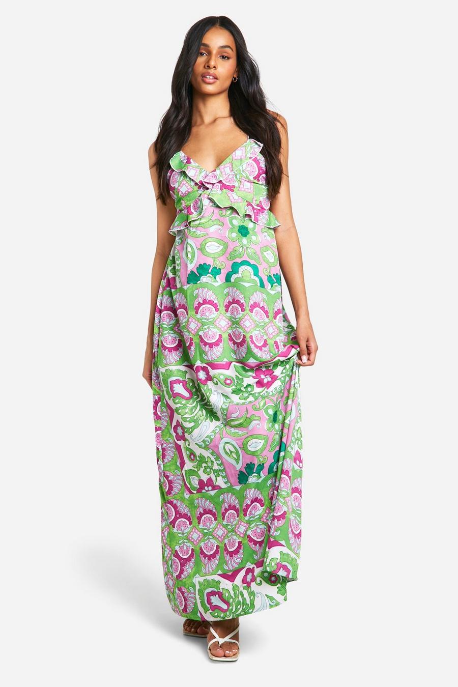 Green Tall Abstract Strappy Ruffle Detail Maxi Dress image number 1