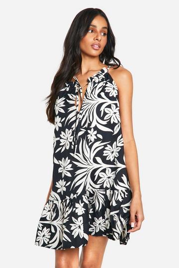 Tall Tropcial Print Strappy Mini Dress black