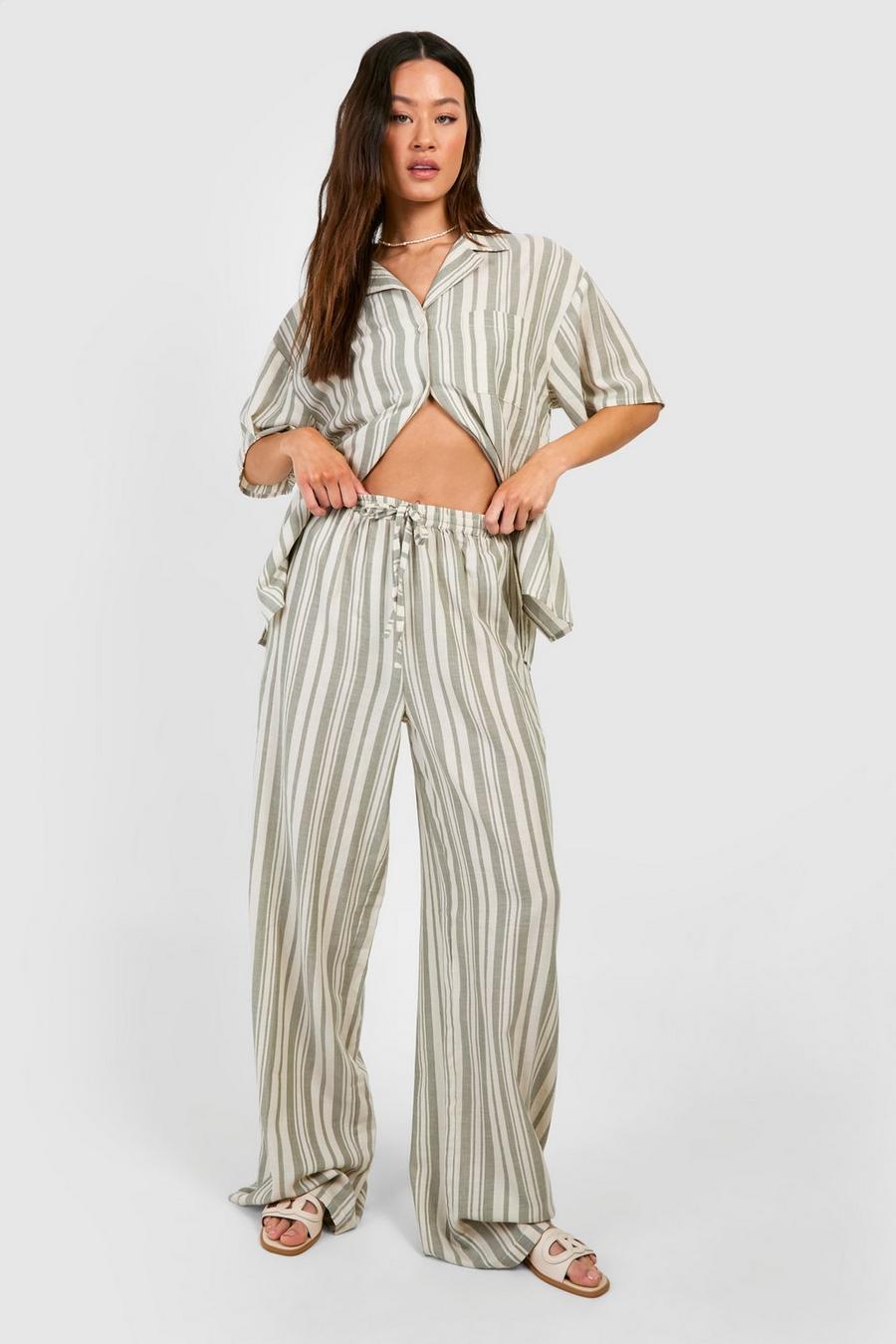 Sage Tall Stripe Linen Short Sleeve And Pants Co-Ord image number 1