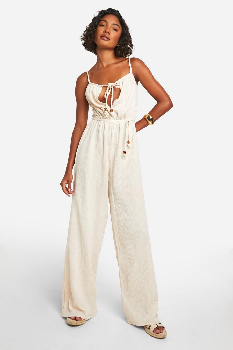 Stone Tall Cheesecloth Strappy Belted Wide Leg Jumpsuit 