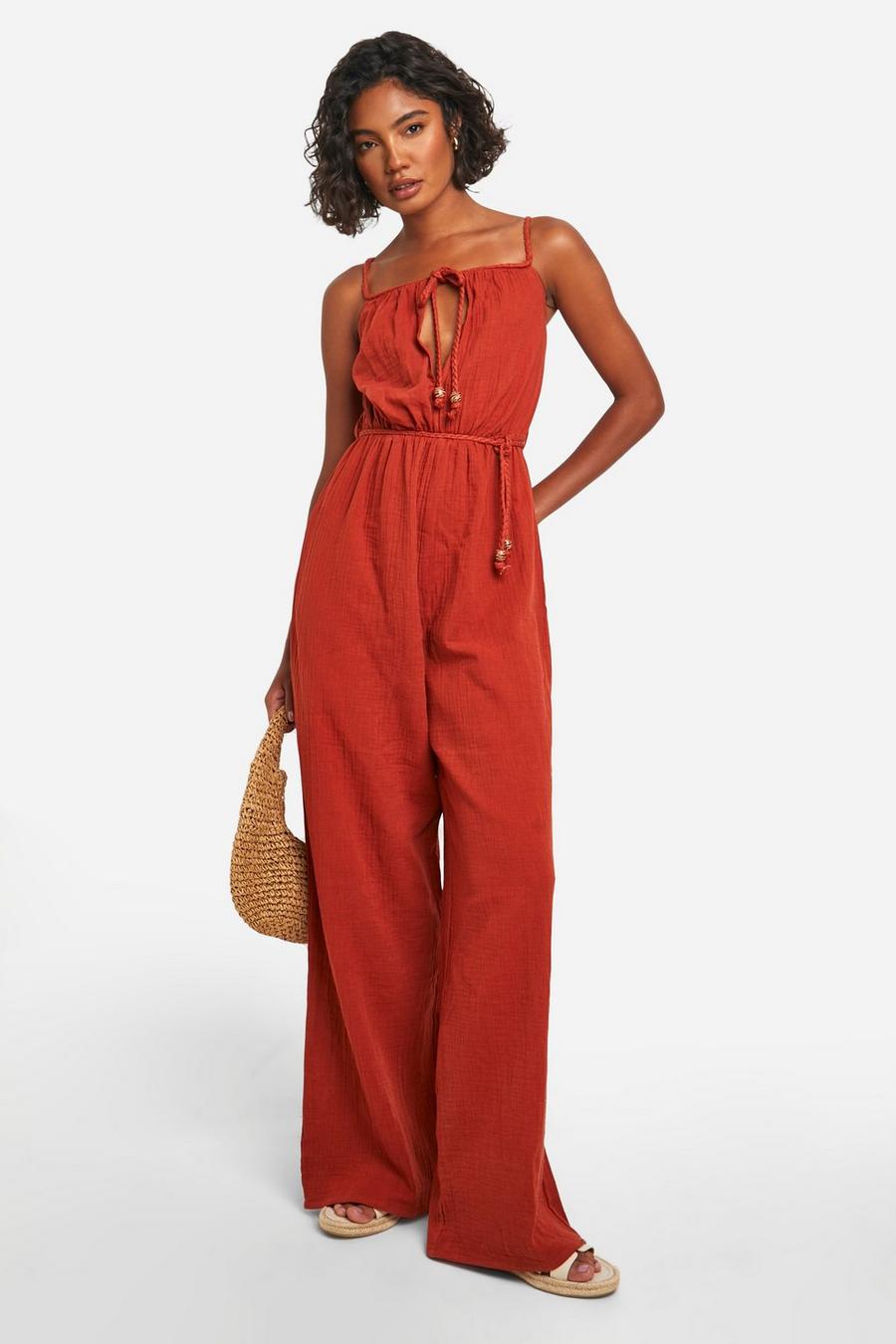 Terracotta Tall Cheesecloth Strappy Belted Wide Leg Jumpsuit  image number 1