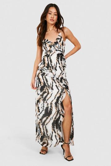 Brown Tall Leopard Print Chiffon Ruffle Maxi Dress