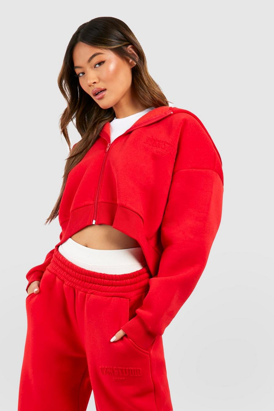 Red Dsgn Studio Embossed Boxy Cropped Zip Through Hoodie  image number 1