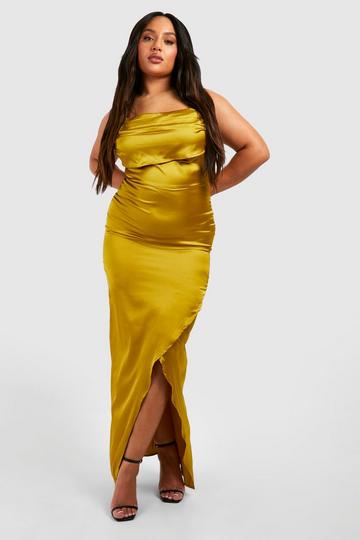 Chartreuse Yellow Plus Cowl Neck Strappy Maxi Slip Dress