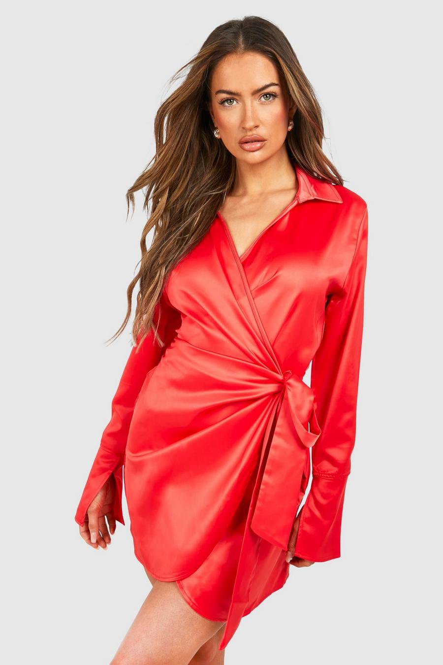 Red Satin Wrap Mini Shirt Dress image number 1