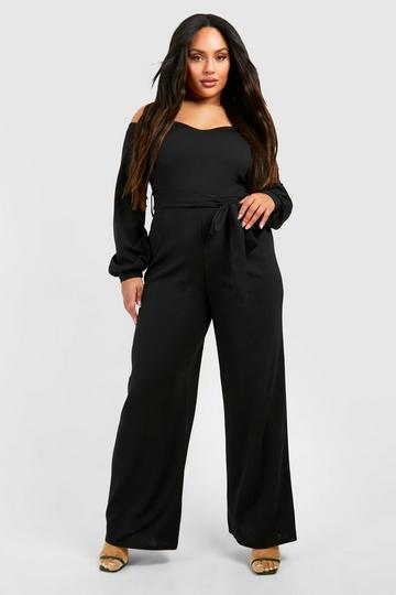 Plus Sweetheart Neck Long Sleeve Wide Leg Jumpsuit black