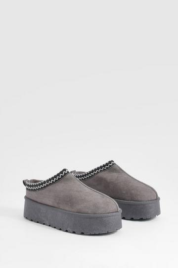 Platform Embroidered Cosy Mules grey