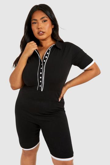 Plus Contrast Button Down Cotton Playsuit black