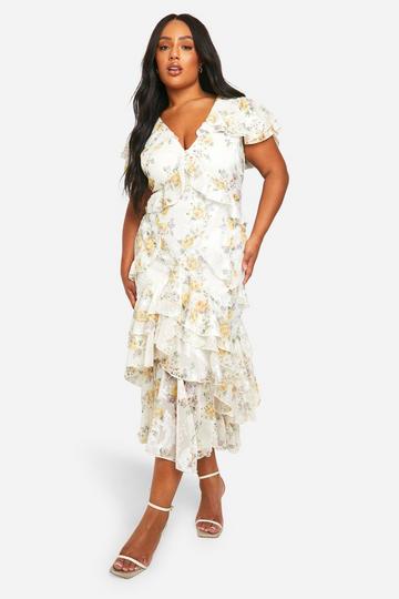 Plus Dobby Bloemen Maxi Jurk Met Ruches ivory